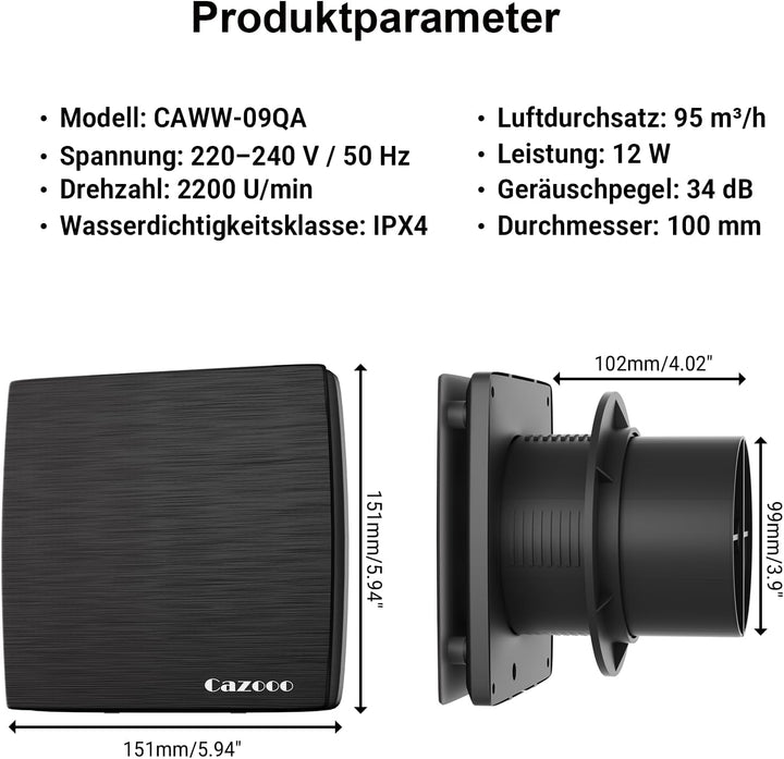Badlüfter 100mm mit Nachlauf, leiser Abluftventilator für Badezimmer, 95m³/h, 34 dB, IPX4 wassergesc