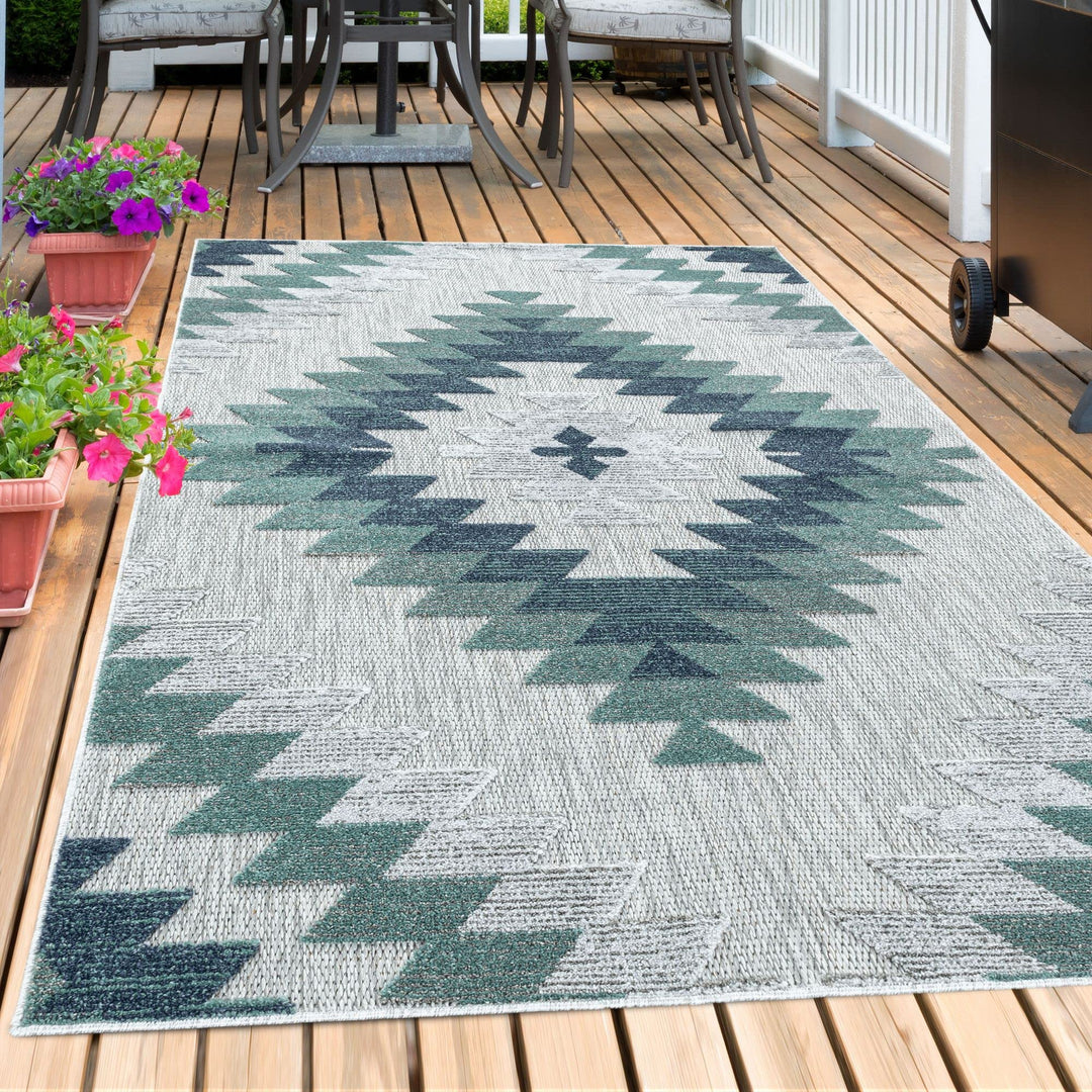 Carpetsale24 Outdoor Teppich Modern, Rauten Berber Muster 3D Optik, Rechteckig, Grau mit blauen Must