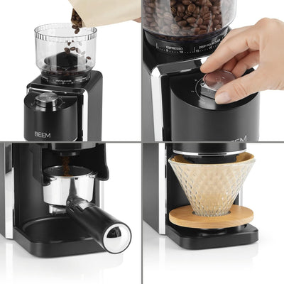 BEEM GRIND-PERFECT Elektrische Kaffeemühle - 250 g | 35-stufige Mahlgradeinstellung, Kegelmahlwerk,