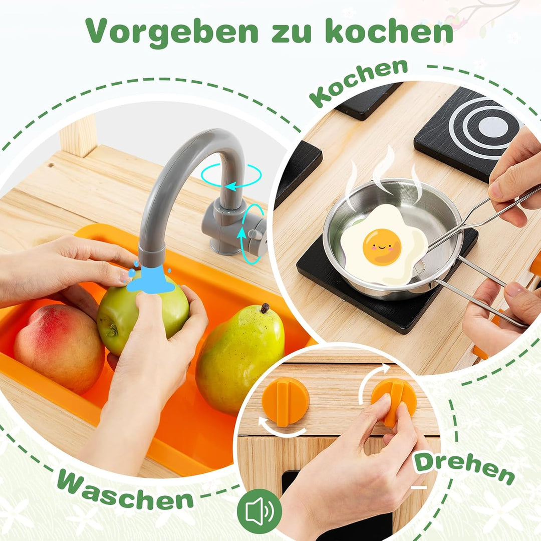 COSTWAY Matschküche Kinder Outdoor, Kinderküche Tannenholz mit Überdachung & Abnehmbarer Spüle & 4 K