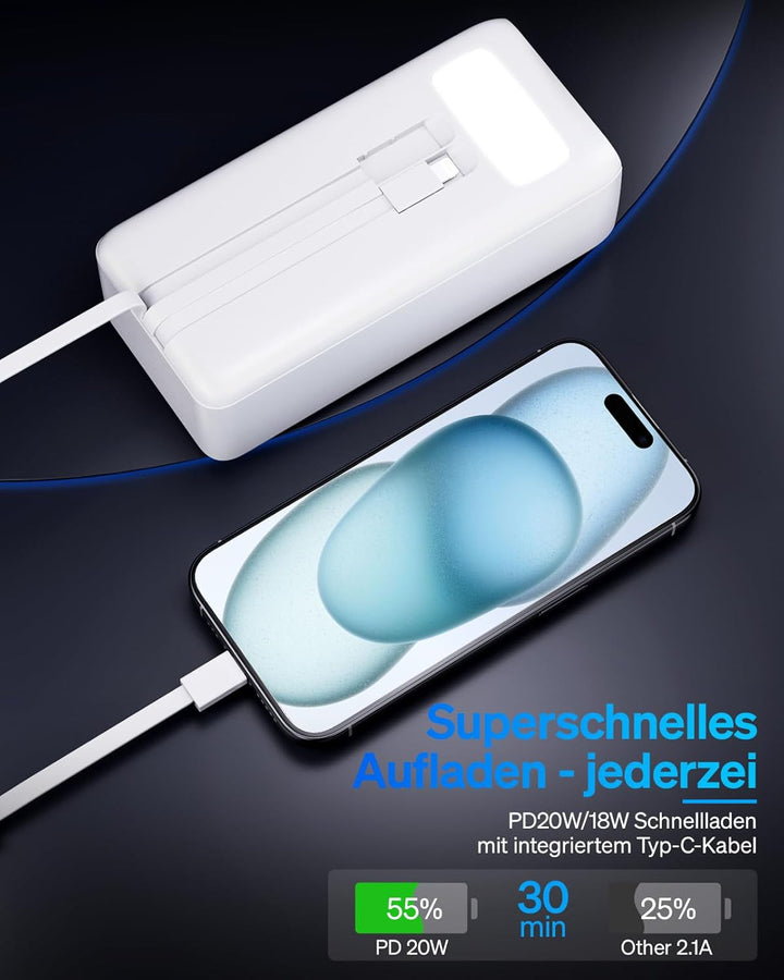50000mAh Power Bank mit integriertem Kabel: 22,5W schnell aufladende Externe Batterie mit grosser Ka