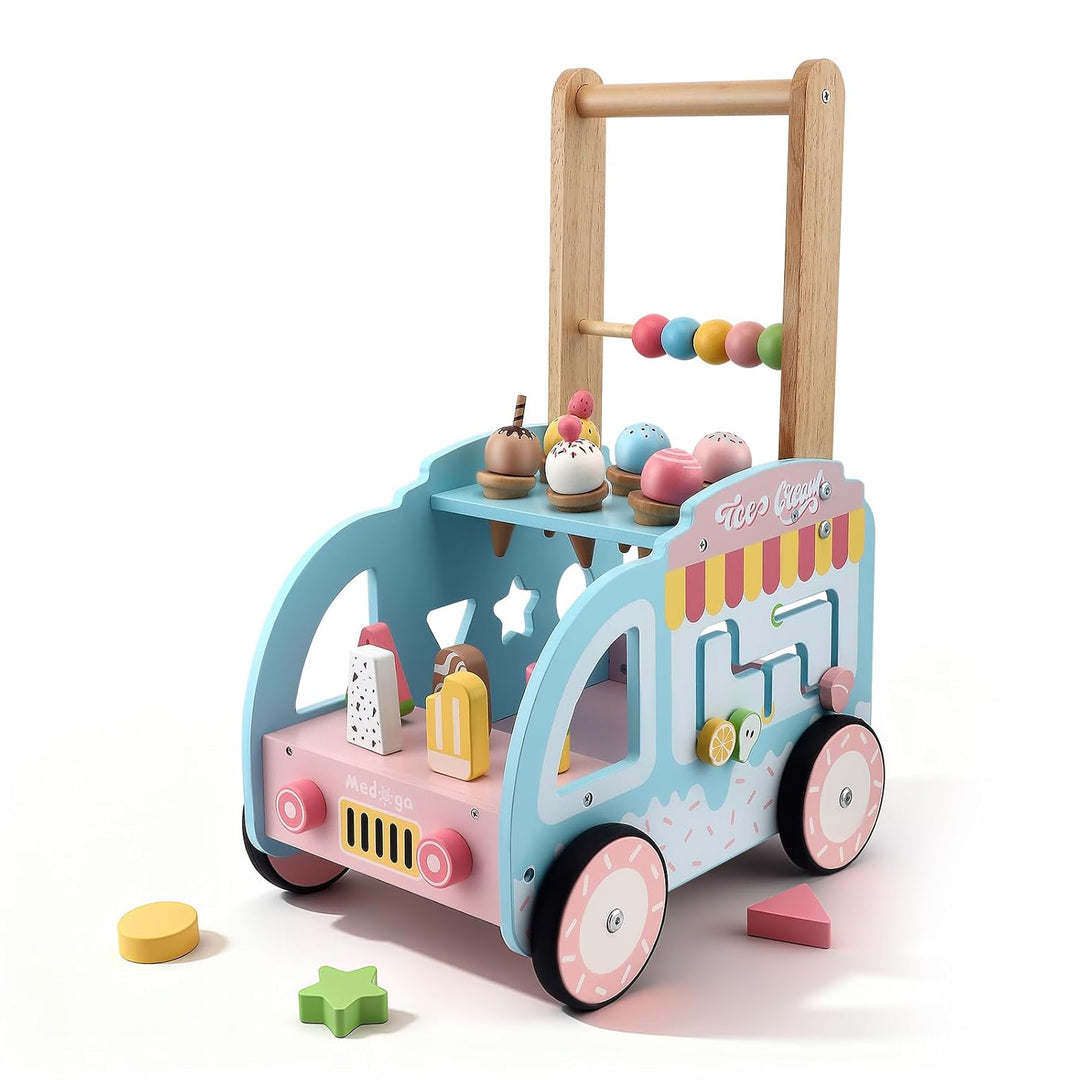 Lauflernwagen Holz, Lauflernwagen im Eiswagen-Thema mit Rädern, Lauflernhilfe Montessori Spielzeug M