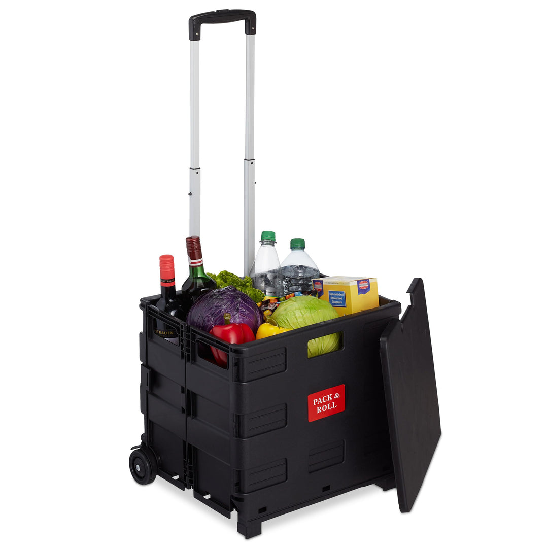 Relaxdays Einkaufstrolley klappbar, mit Teleskopgriff & Deckel, Transporttrolley, bis 35 kg, HBT 99x