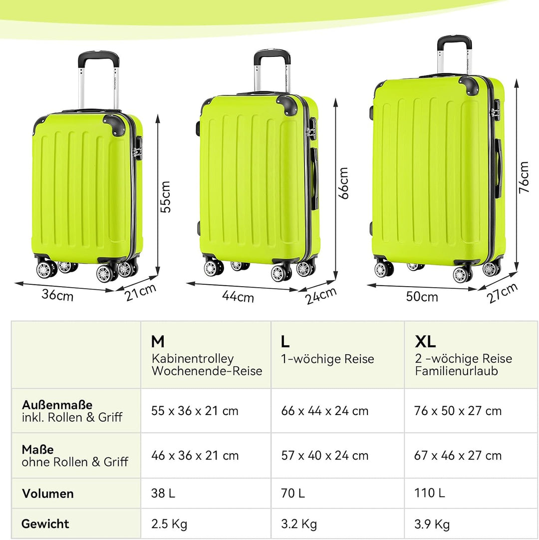 BEIBYE Hartschalen-Koffer Trolley Rollkoffer Reisekoffer Handgepäck 4 Rollen (M-L-XL-Set) (Gruen, M)