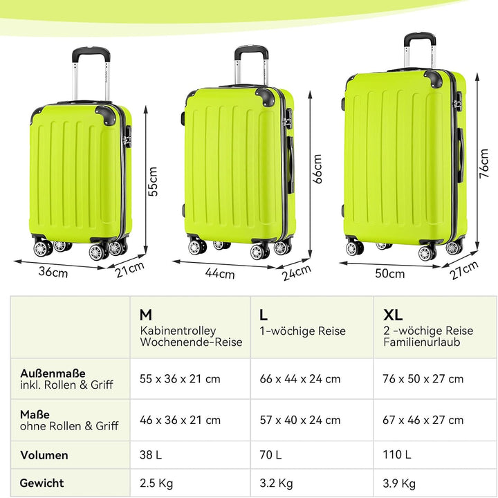 BEIBYE Hartschalen-Koffer Trolley Rollkoffer Reisekoffer Handgepäck 4 Rollen (M-L-XL-Set) (Gruen, M)
