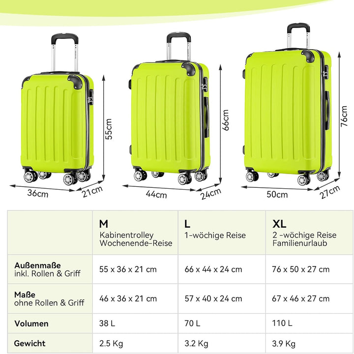 BEIBYE Hartschalen-Koffer Trolley Rollkoffer Reisekoffer Handgepäck 4 Rollen (M-L-XL-Set) (Gruen, L)