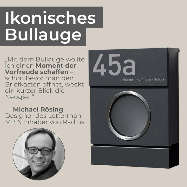 Radius Design Briefkasten Letterman MB mit Bullauge & Zeitungsfach - Wandbriefkasten aus Stahl - gro
