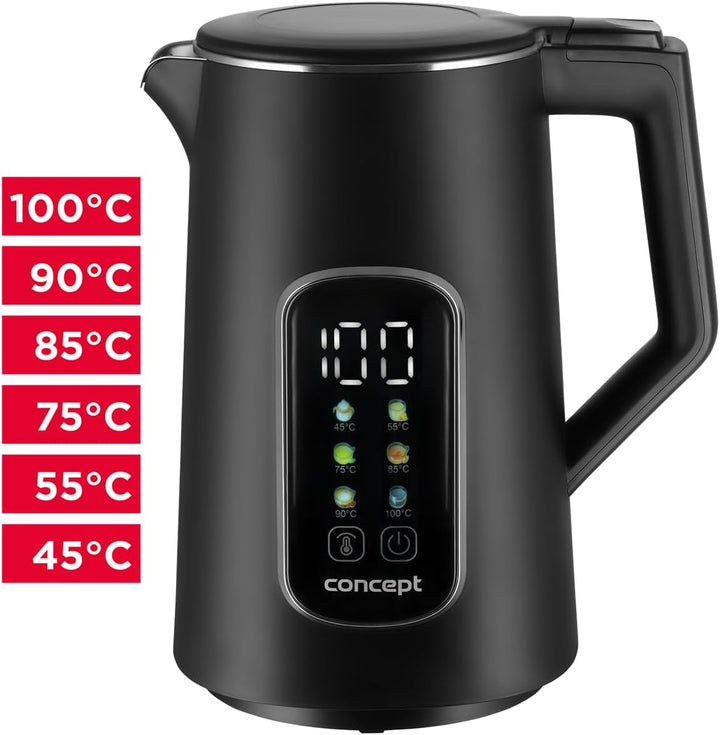 Concept RK3385 Edelstahl Wasserkocher doppelwandig 1,7 l, Schwarz