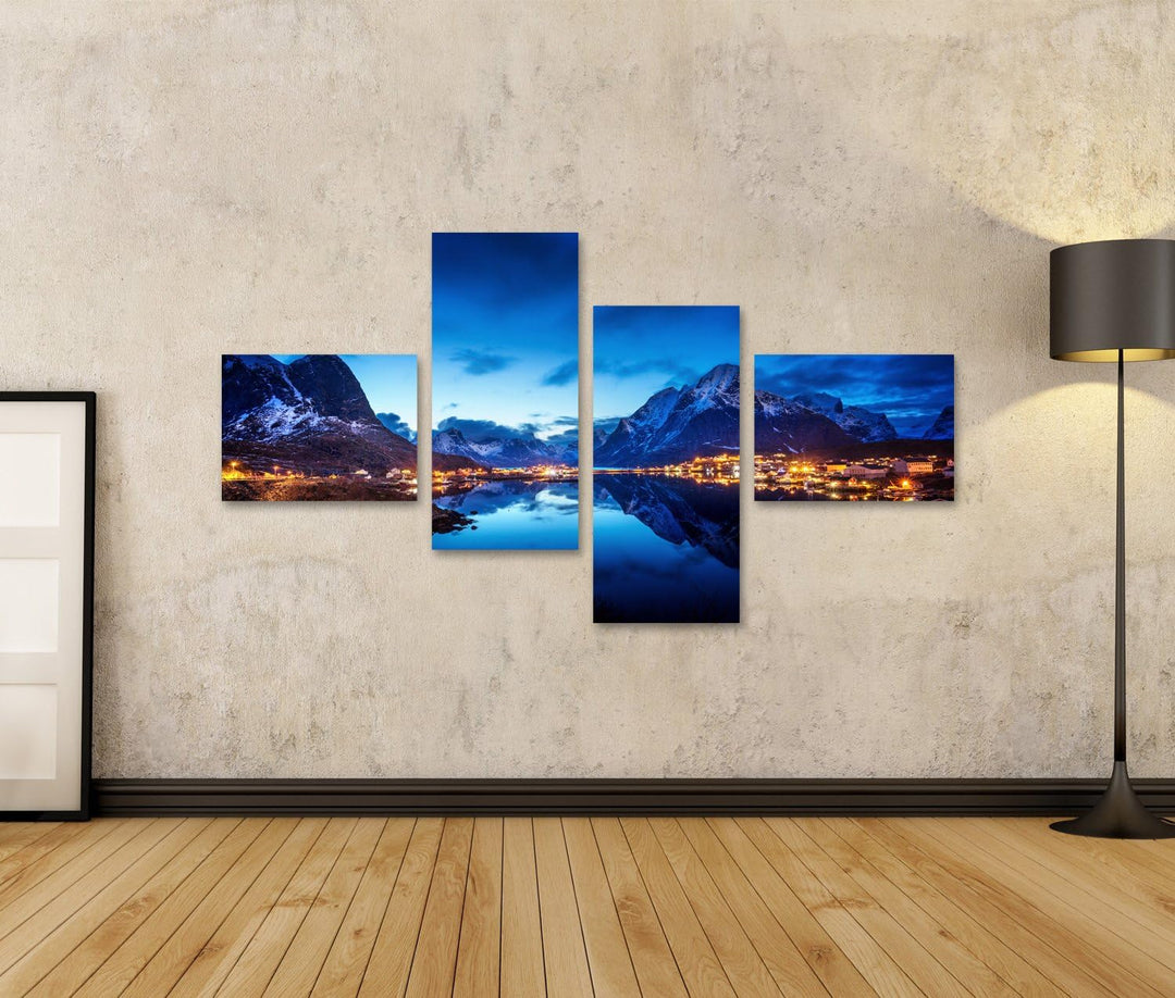 islandburner Bild auf Leinwand Sonnenuntergang Winter Lofoten Norwegen Wandbild Poster Kunstdruck Bi