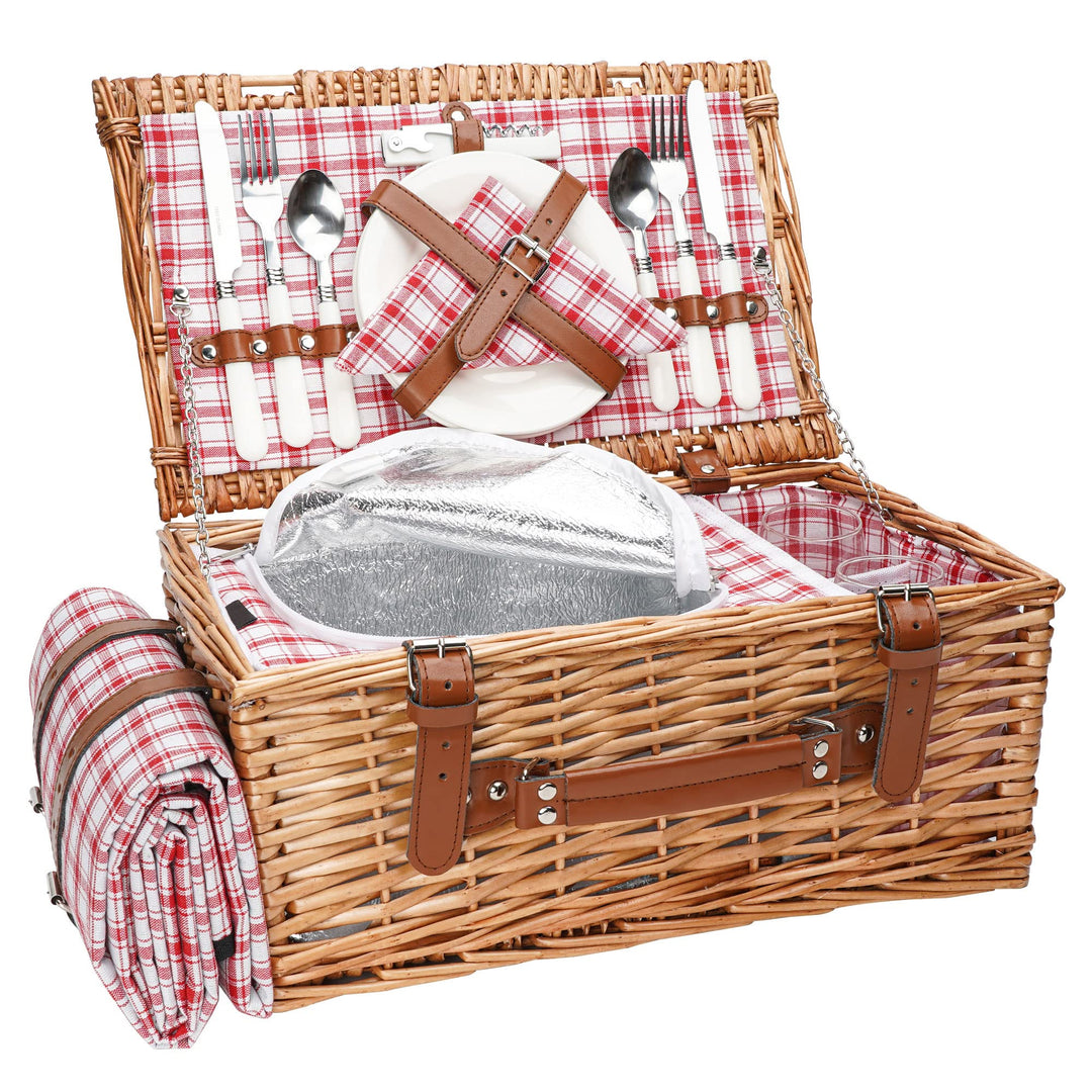 Weiden-Picknickkorb-Set für 2 Personen mit wasserdichter Picknickdecke und grossem isoliertem Kühlfa
