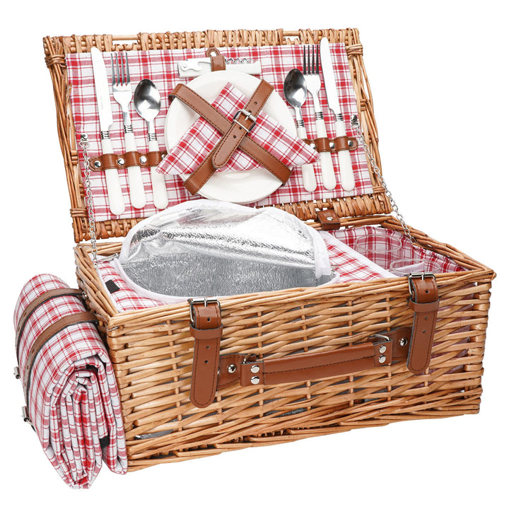 Weiden-Picknickkorb-Set für 2 Personen mit wasserdichter Picknickdecke und grossem isoliertem Kühlfa