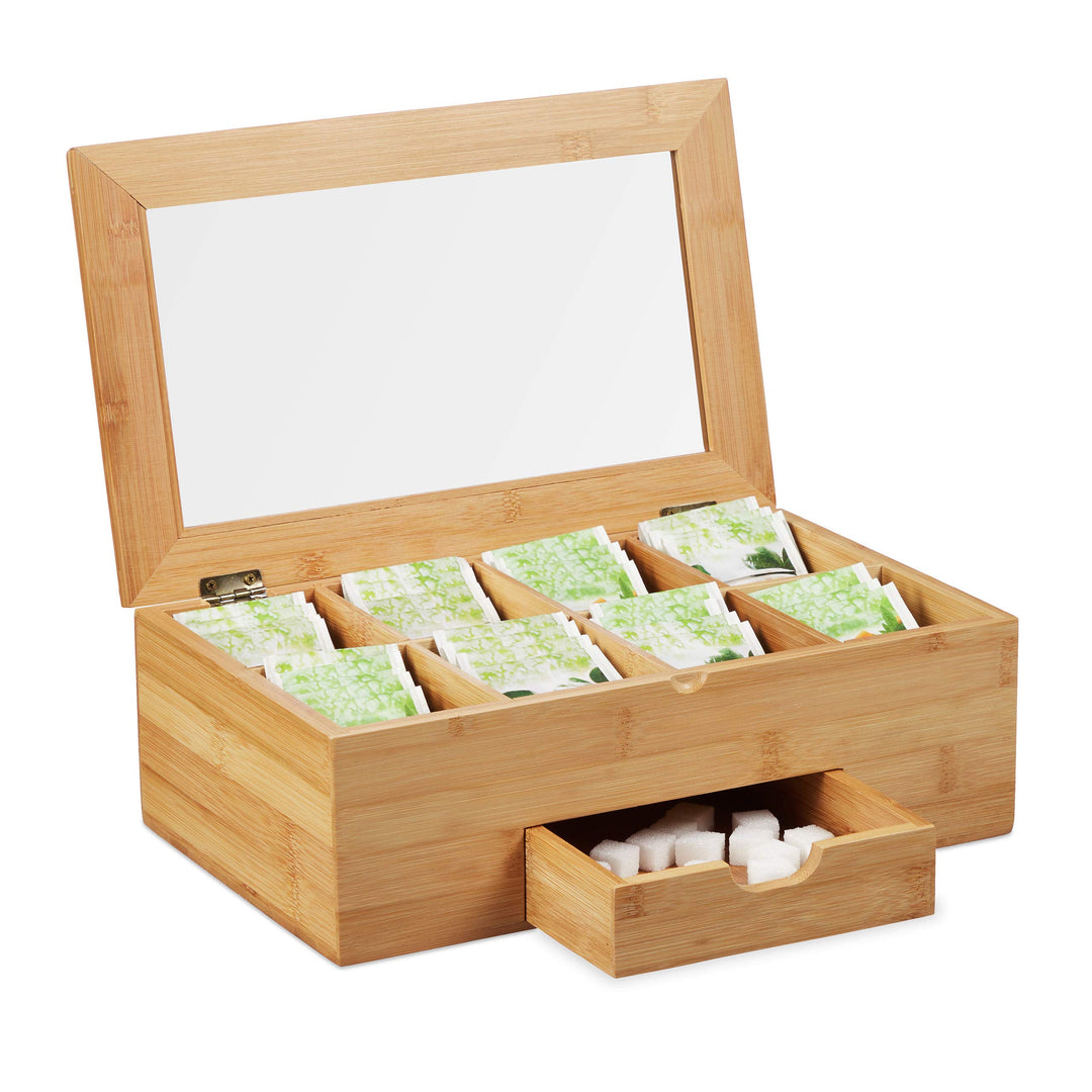Relaxdays Teebox Bambus, Sichtfenster im Deckel, 8 Fächer, Teekiste mit Schublade, Teebeutelbox HxBx