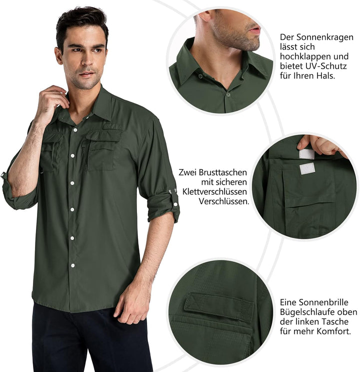 Outdoor Hemd Herren Langarm Safari Hemd UPF50 UV Schutz Funktionshemd Atmungsaktiv Button Down Hemd