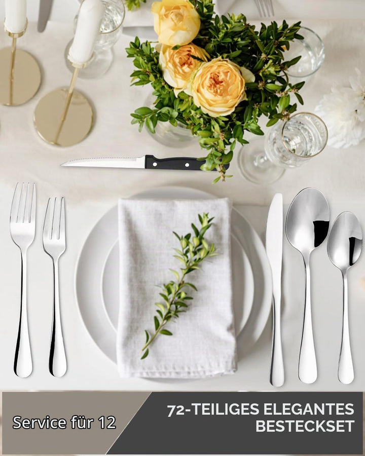 Besteck Set 12 Personen, 72 teilig Edelstahl Bestecksets, mit Steakmesser, Elegantes Essbesteck, Hoc