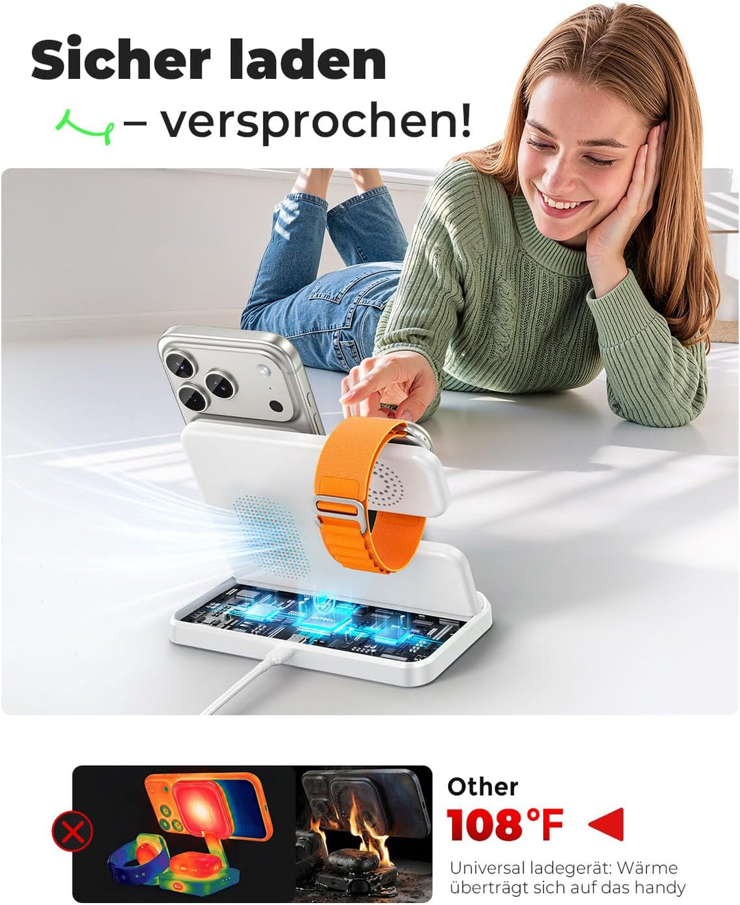 JARGOU 3 in 1 Kabelloses Ladegerät, Induktive Ladestation für Apple Watch und iPhone, Wireless Charg