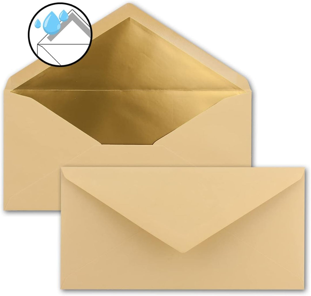 75 Brief-Umschläge DIN Lang - Karamell mit Gold-Metallic Innen-Futter - 110 x 220 mm - Nassklebung -