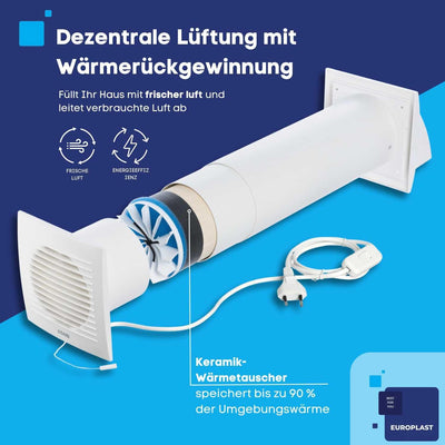 EUROPLAST 125mm Dezentrale Lüftung mit Wärmerückgewinnung - Wandlüfter Lüfter Lüftungsanlage Belüftu