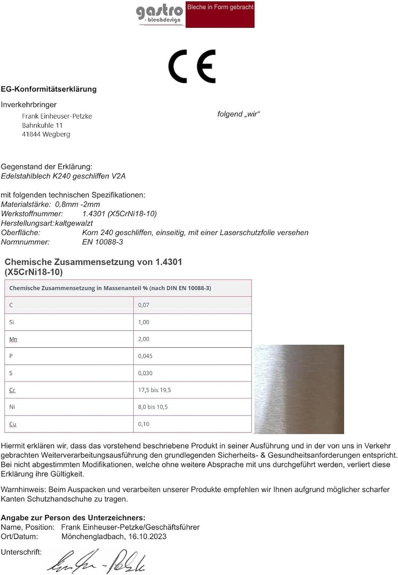 Edelstahl Blechstreifen 2000 * 170 mm Blechstreifen K240 geschliffen V2A 0,8mm stark Zierstreifen, B