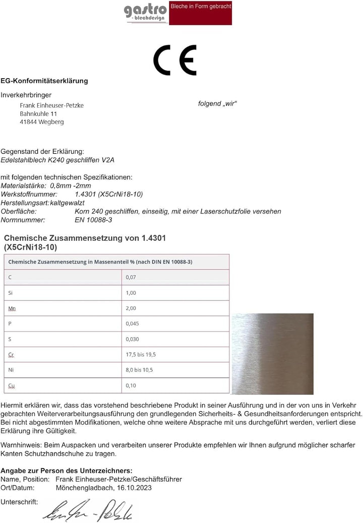 Übergangsprofil, Edelstahl k240 geschliffen, 1,5 mm stark, Übergangsprofile, 1150 x 120 mm Übergangs