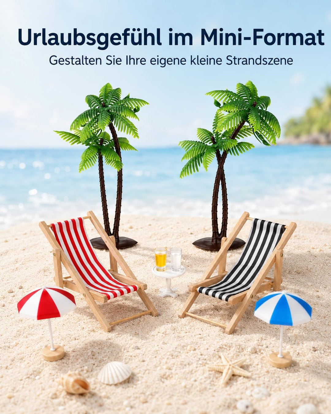 Hemobllo 9 Stück Miniatur Strand Deko Set, Mini Liegestuhl Palme Sonnenschirm Zubehör für DIY Sommer