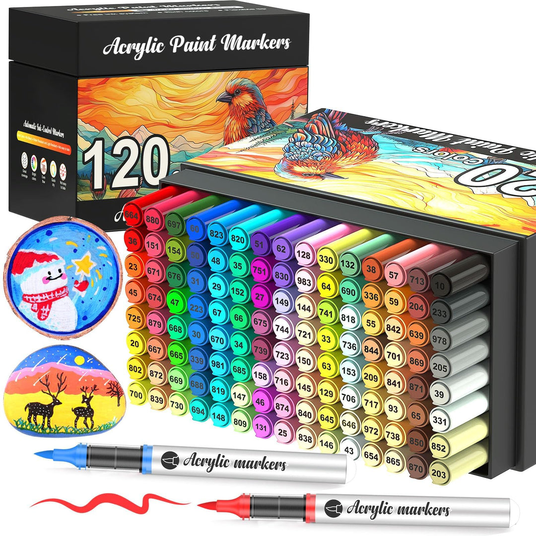 Vozuna 120 Acrylstifte Set Wasserfest – Acrylmarker mit Pinselspitze zum Steine Bemalen, für Glas, P