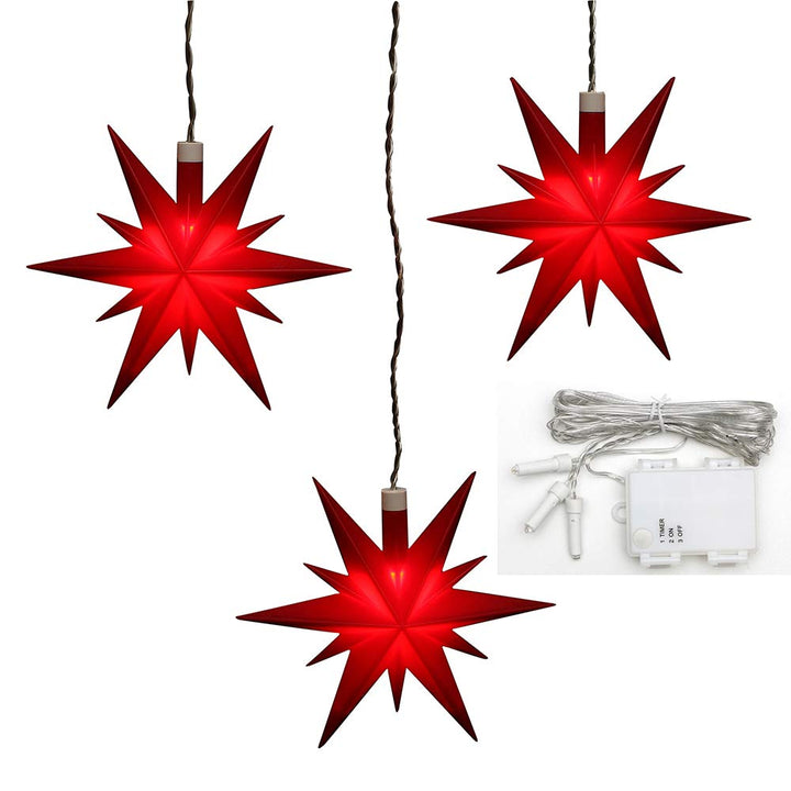 Dekohelden24 3er Set Weihnachtssterne aus Kunststoff in rot, inkl. LED Beleuchtung und 6h Timer, für
