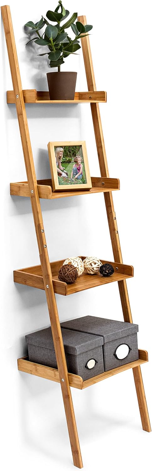 Relaxdays Leiterregal Bambus HxBxT 176 x 44 x 37 cm 4-stufiges Standregal mit Ablagen als dekorative
