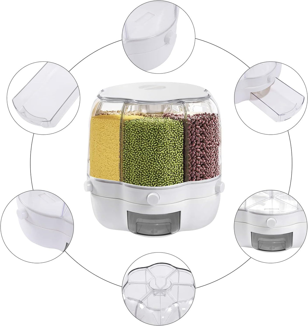 Cereal Dispenser, 6-Grid Rotating Dry Food Dispenser Kitchen Rice Flour Sugar Grain Storage Bucket K