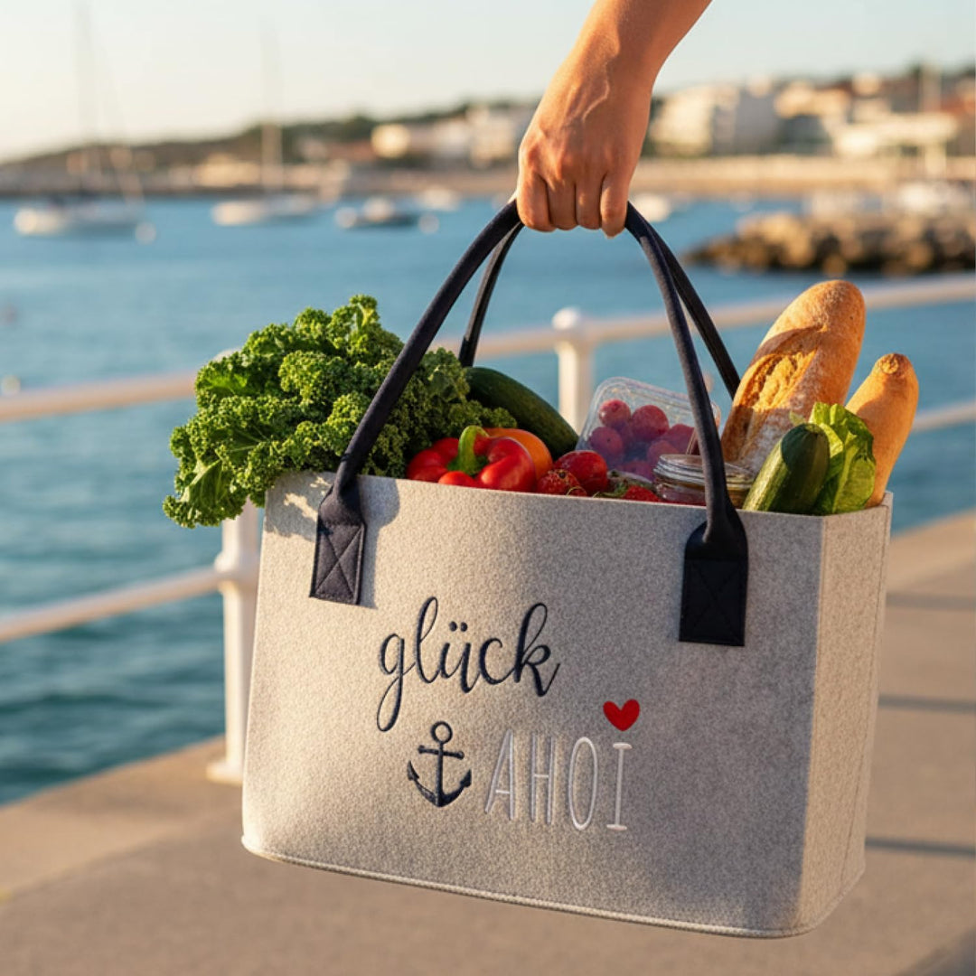 com-four® Filz-Shopper mit Henkel - Kaminholz-Tasche 40 x 26 cm - Tasche mit maritimem Spruch für St