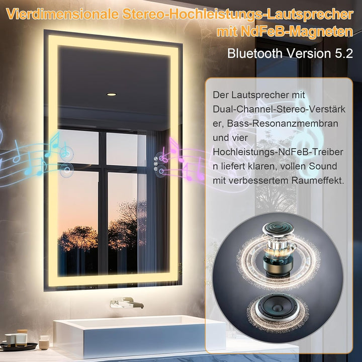 Badspiegel Mit Beleuchtung100x70cm,Spiegel Mit Beleuchtung Bluetooth Dual Lautsprecher,Antibeschlagf