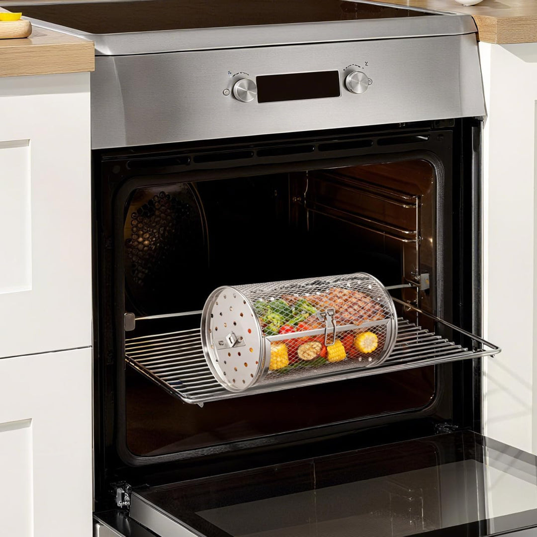 UKCOCO Drehspiess Backkorb für Airfryer Hitzebeständig Rostfrei mit Beweglicher Tür zum Grillen und