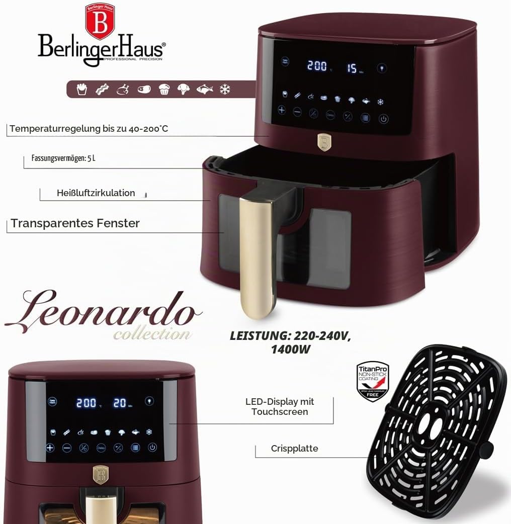 Berlinger Haus Heissluftfritteuse 5 Liter Leonardo Collection – Sichtfenster – 8 Programme – Fettfre