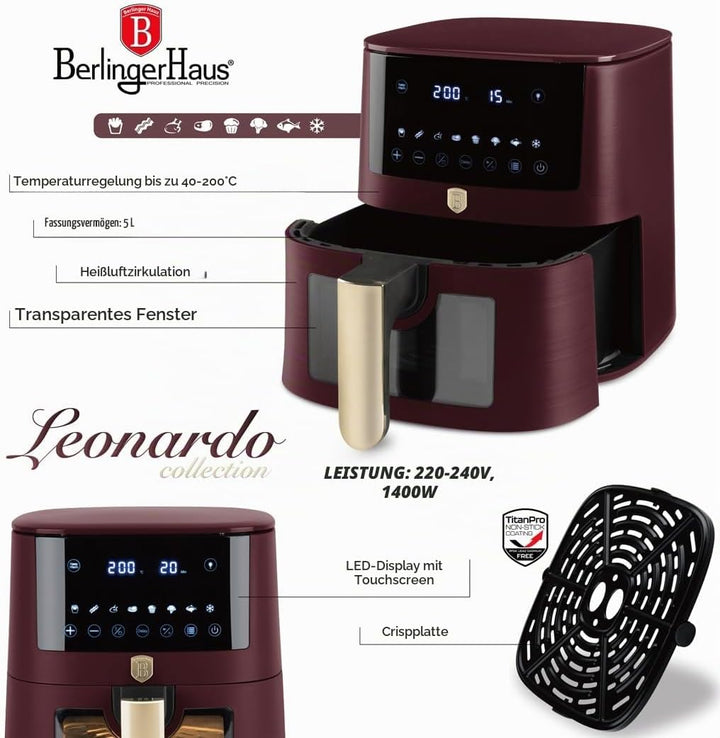 Berlinger Haus Heissluftfritteuse 5 Liter Leonardo Collection – Sichtfenster – 8 Programme – Fettfre
