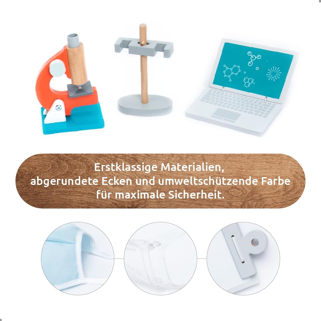 UMU® Kinder Holz Wissenschaftslabor Spielset mit Mikroskop, Reagenzgläsern u. v. m., Doktor Spielzeu