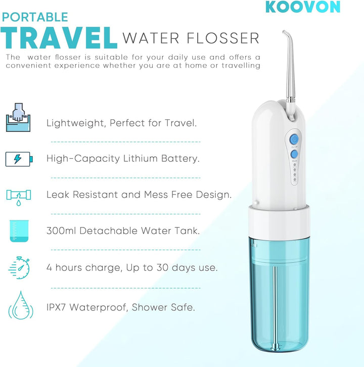 GEEDIAR Munddusche Testsieger Reise, Water Flosser Zahnzwischenraumreiniger mit 5 um Ersatzdüsen, 4
