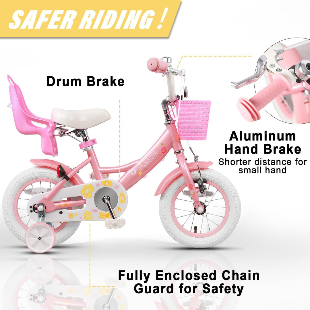 Glerc Maggie 12 14 16 Zoll KinderFahrrad für 2-7 Jahre Mädchenfahrrad alt mit Puppe-Sitz & Stützräde