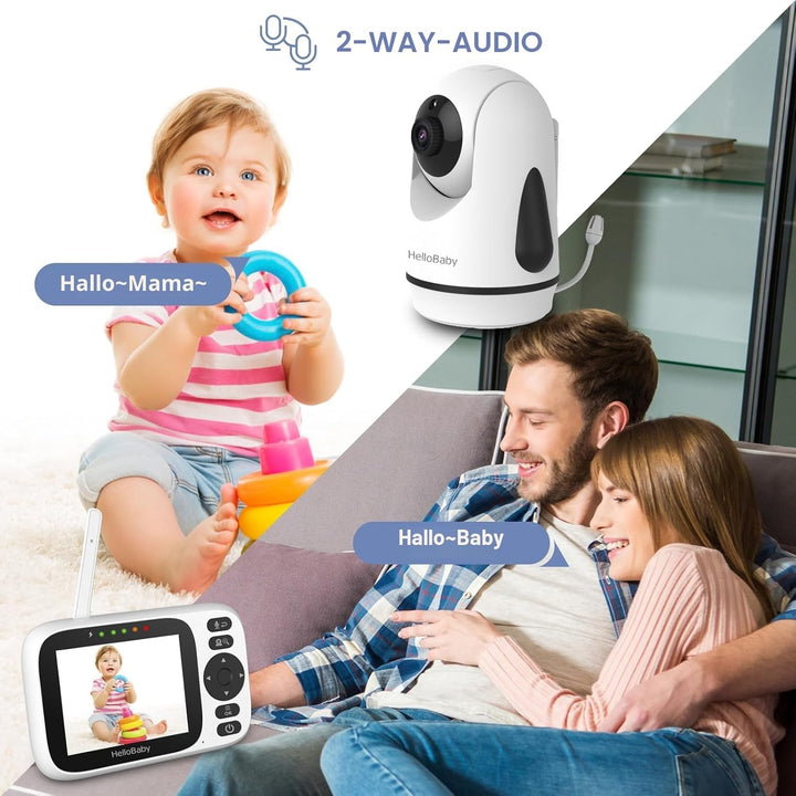 HelloBaby Babyphone mit Kamera, ferngesteuertes Schwenk-Neige-Zoom Video Babyphone und 3,2'' IPS Bil