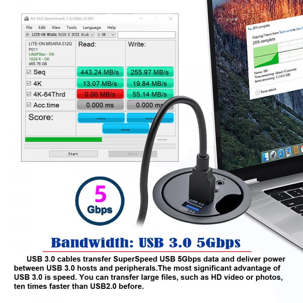 CY USB 3.0-Hub, Soundkarte, USB-C, 2 Anschlüsse, USB, 60 mm, Tischtülle, Splitter, Dockstation, Kopf