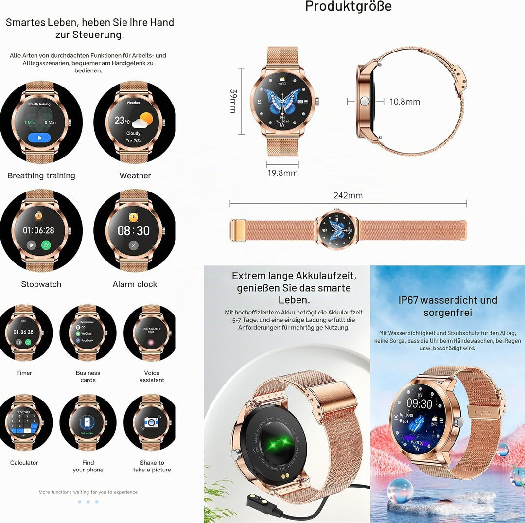 Smartwatch Damen mit Telefonfunktion, 1,09” Fitnessuhr mit 123 Sportmodi, Pulsmesser, Schlafmonitor,