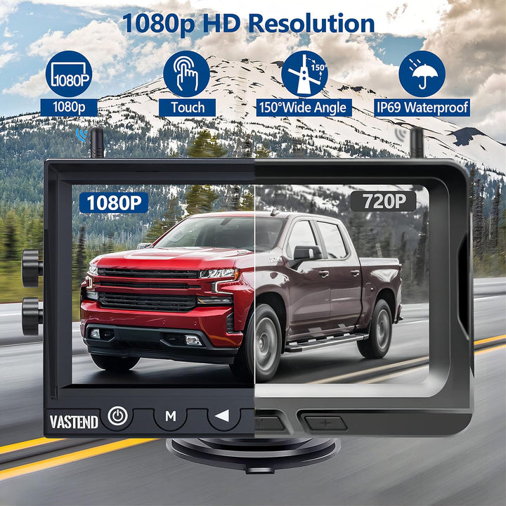 VASTEND V01 Kabellos Rückfahrkamera Set HD 1080P 7'' Monitor & IP69 wasserdichte Backup Kamera Stabi