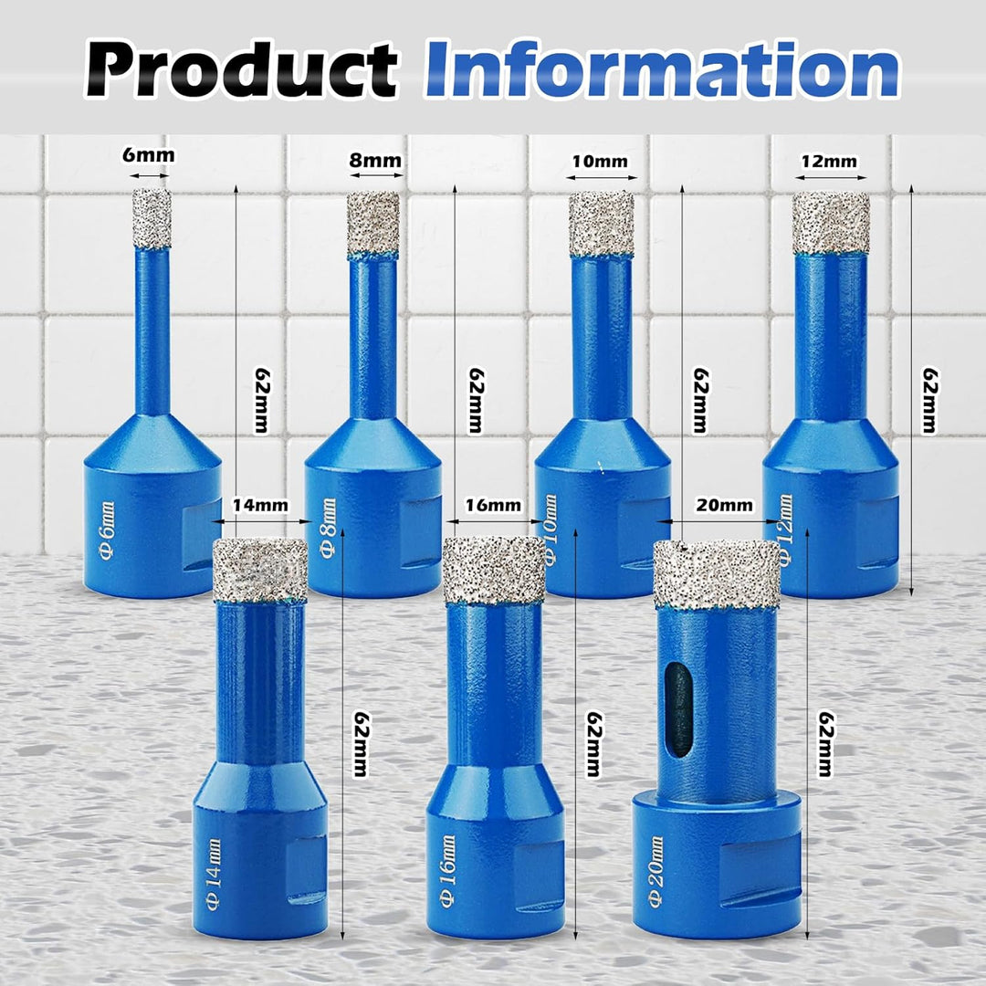 Diamant Fliesenbohrer 7 Stücke, Diamantbohrer Glasbohrer Set Für M14 Winkelschleifer ø 6/8/10/12/14/