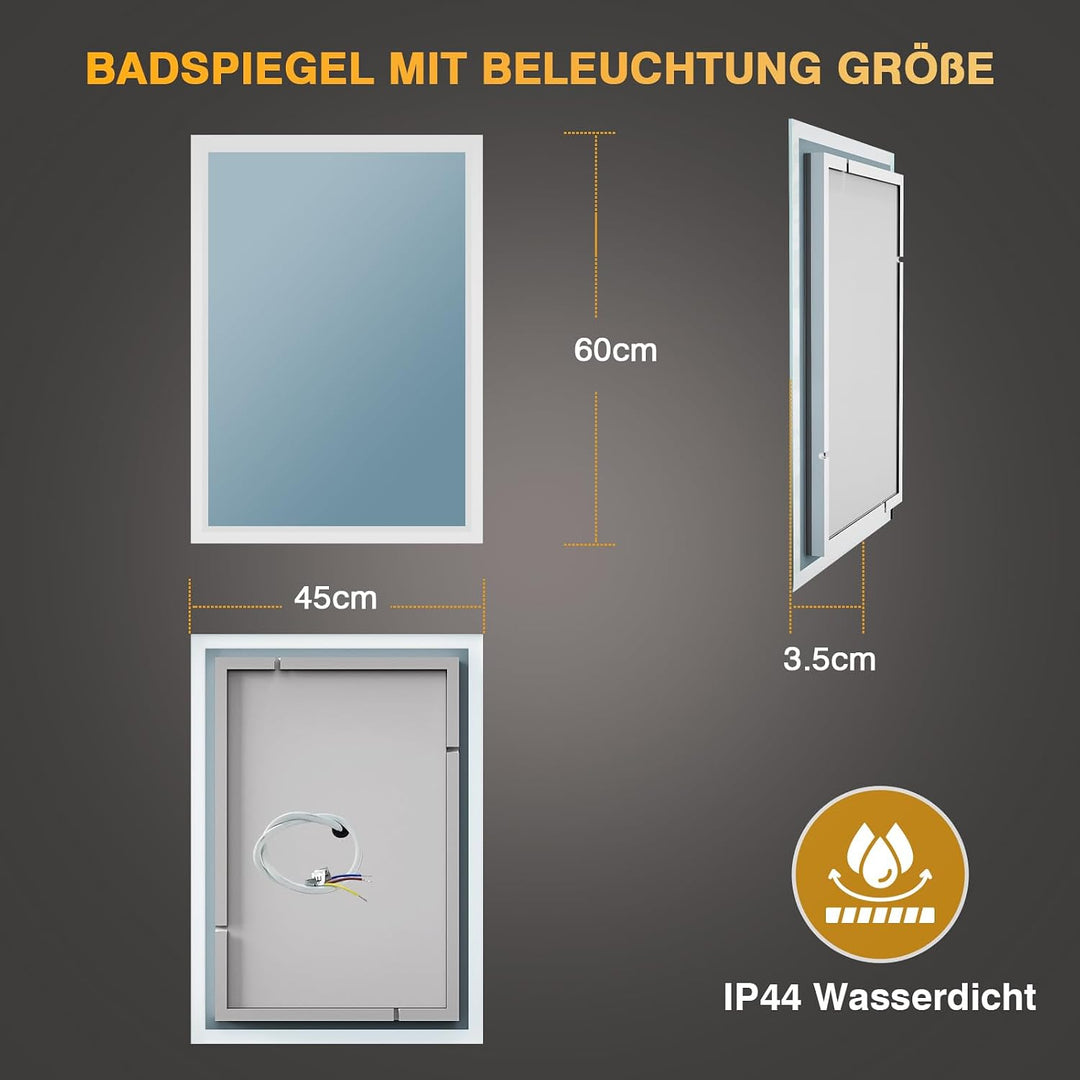 Badezimmer Spiegel mit Beleuchtung, 45 x 60cm LED Bad Spiegel mit Licht, Antibeschlag, Badezimmerspi