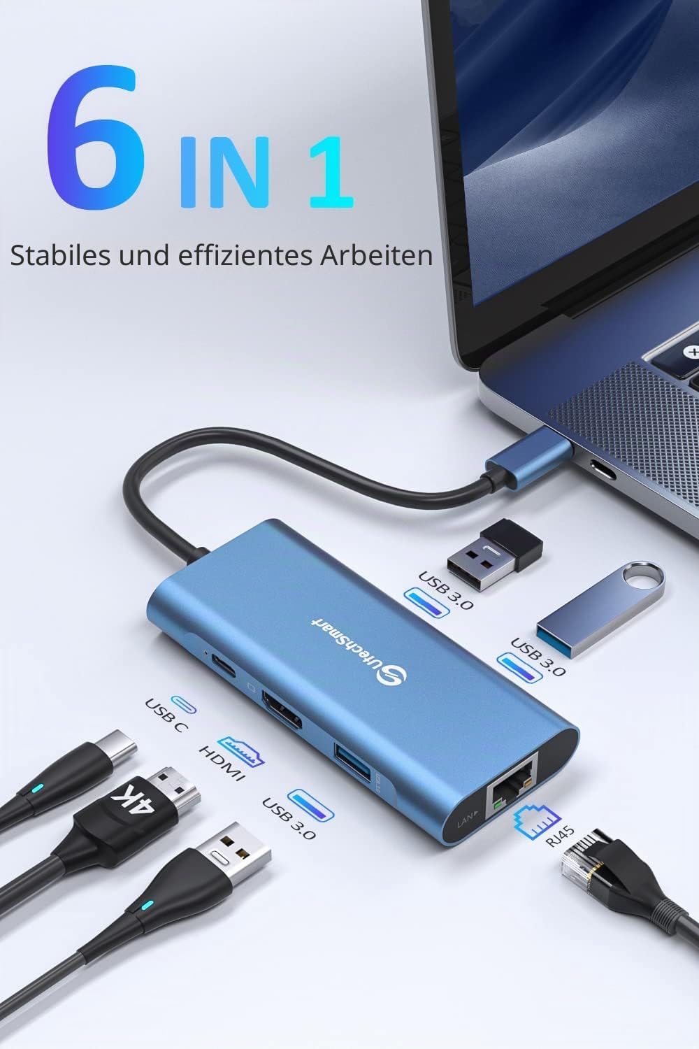 USB C Hub, UtechSmart 6 in 1 USB C zu HDMI Adapter mit 1000M Ethernet, PD 100W Ladeanschluss, 3 USB