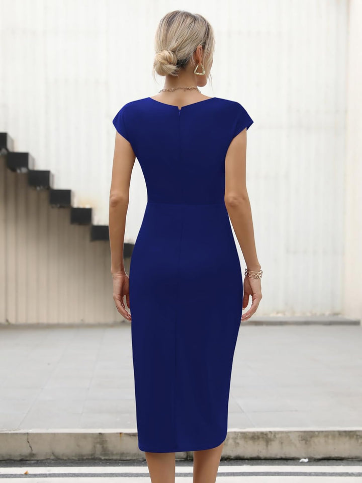 Missufe Damen Cocktailkleid Wickelkleid Partykleid Midikleid Elegant Bodycon Figurbetontes Sommerkle