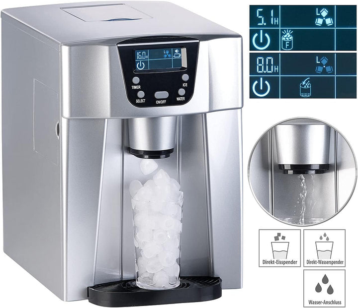 Rosenstein & Söhne Eismaschine: Premium-Eiswürfelmaschine mit Eiswürfel- & Kaltwasserspender, 2 Lite