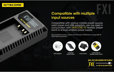 Nitecore FX1 Compacte Dubbel Lader voor Fujifilm NP FW126 (S) + USB, Schwarz Fuji W126/s, Fuji W126/