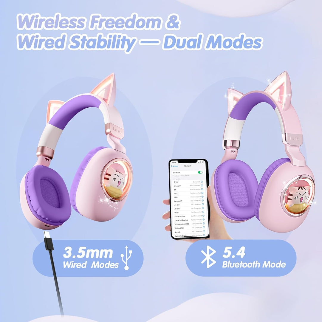 Kinder Kopfhörer mit Katzenohren, Bluetooth 5.4 Over-Ear Noise Cancelling Kopfhörer mit Mikrofon, LE