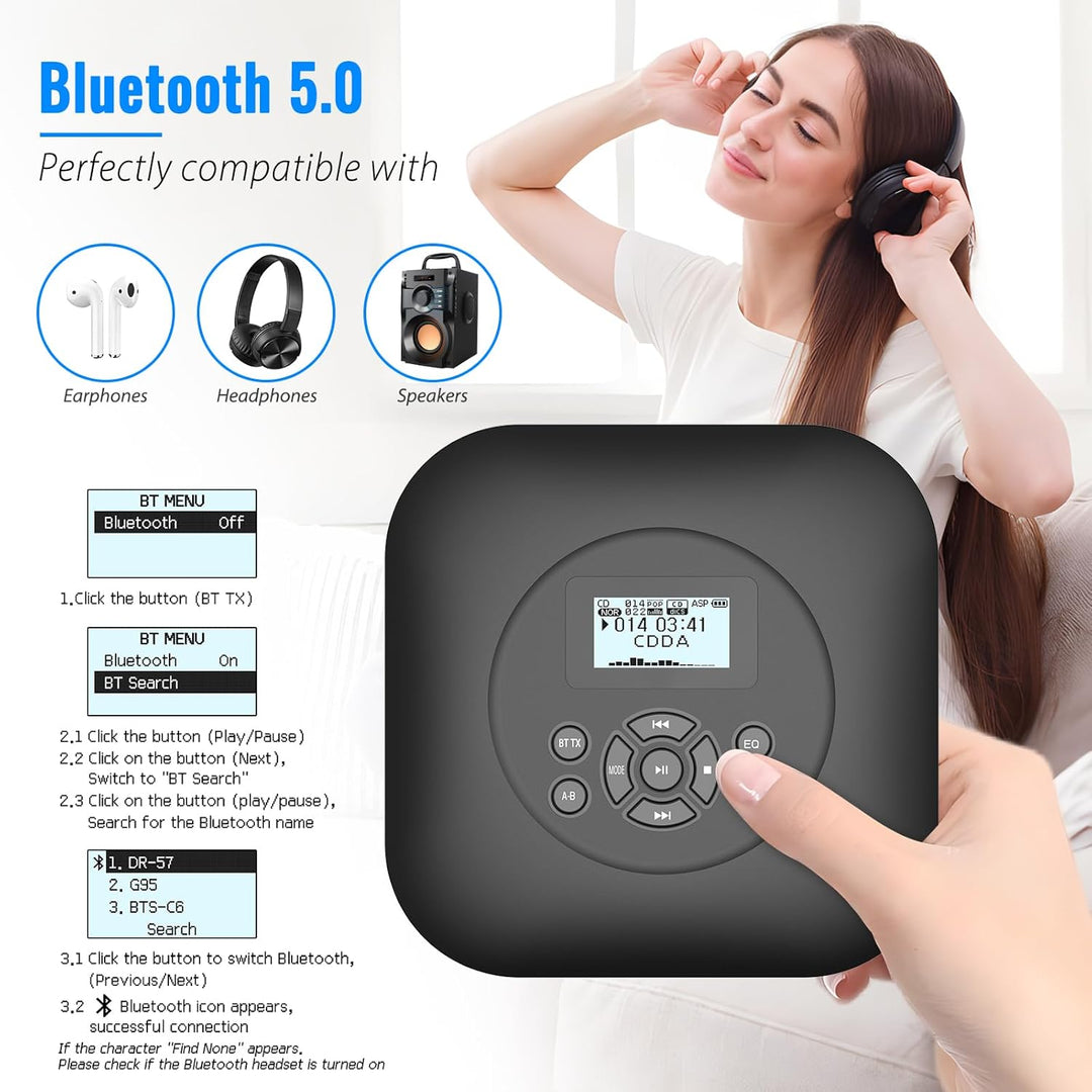 Tragbarer CD Player Bluetooth mit Lautsprechern, wiederaufladbarer 1800mAh CD-Player tragbar mit Sto