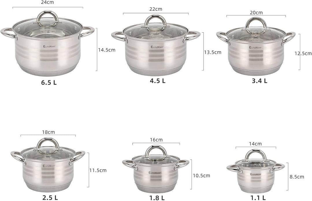 EliteHoff 12-Teilig Induktion Kochtopf-Set, 5-lagig Edelstahl Kochtopf, 6er Set Töpfe mit Deckeln, f