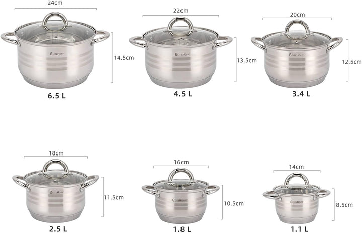 EliteHoff 12-Teilig Induktion Kochtopf-Set, 5-lagig Edelstahl Kochtopf, 6er Set Töpfe mit Deckeln, f